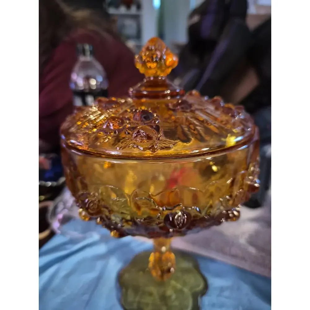 Vintage Fenton art Glass Pedestal Candy Dish in The Cabbage Rose Pattern